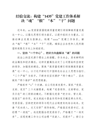 经验交流：构建“1435”党建工作体系解决“魂”“根”“本”“干”问题