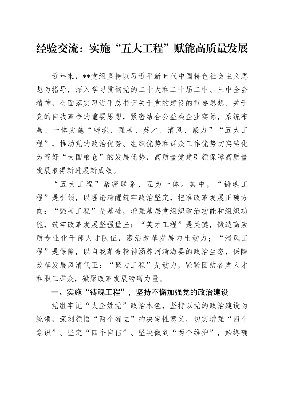 经验交流：实施“五大工程” 赋能高质量发展_第1页