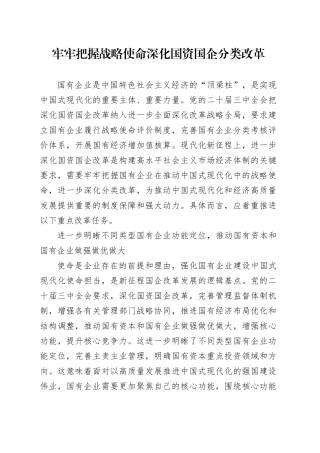 牢牢把握战略使命深化国资国企分类改革
