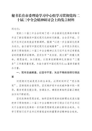秘书长在市委理论学习中心组学习贯彻党的二十届三中全会精神研讨会上的发言材料心得体会20241127