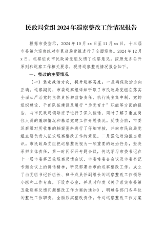 民政局党组2024年巡察整改工作情况报告