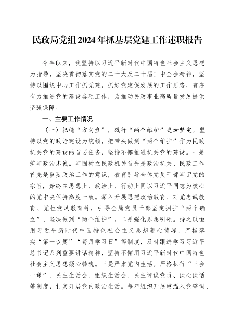 民政局党组2024年抓基层党建工作述职报告_第1页