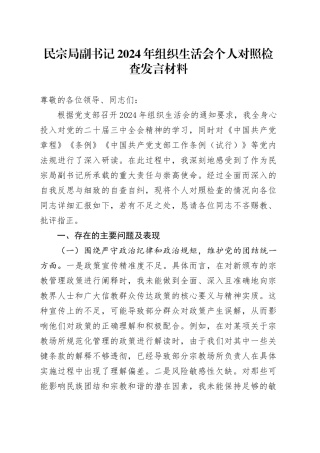 民宗局副书记2024年组织生活会个人对照检查发言材料