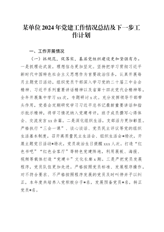 某单位2024年党建工作情况总结及下一步工作计划