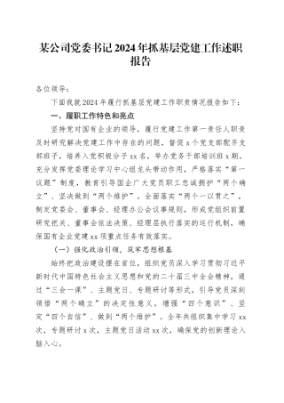 某公司党委书记2024年抓基层党建工作述职报告