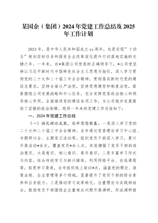 某国企（集团）2024年党建工作总结及2025年工作计划