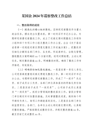 某国企2024年巡察整改工作总结