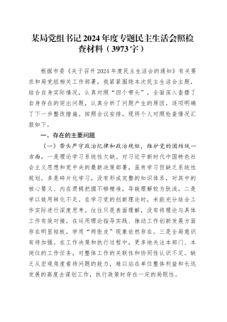 某局党组书记2024年度专题民主生活会照检查材料（3973字）