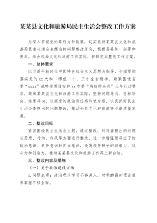 某某县文化和旅游局民主生活会整改工作方案