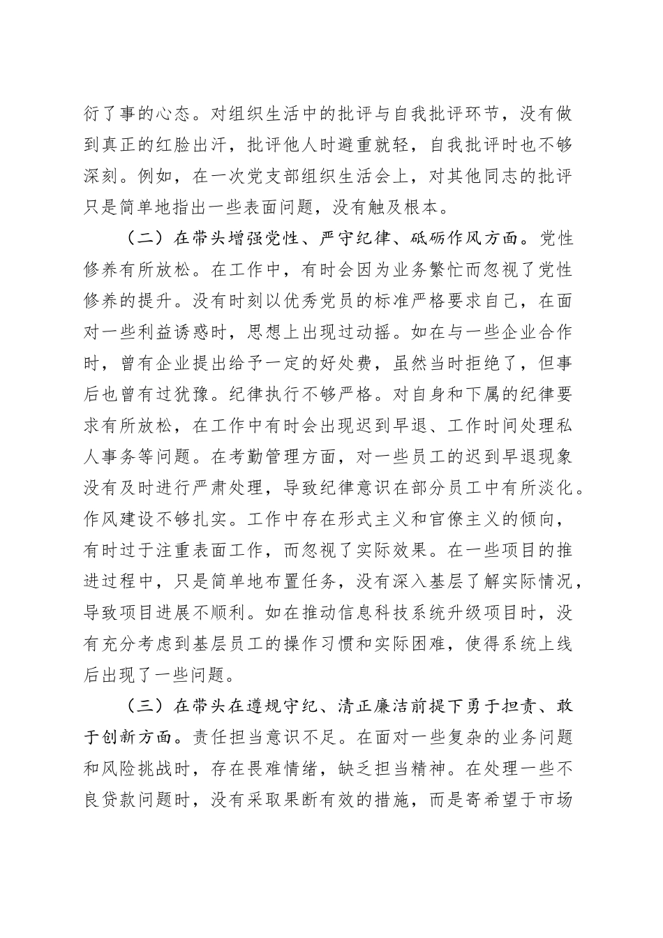 某某银行党委委员、副行长2024年度民主生活会个人对照检视发言材料（四个带头+典型案例剖析）_第2页