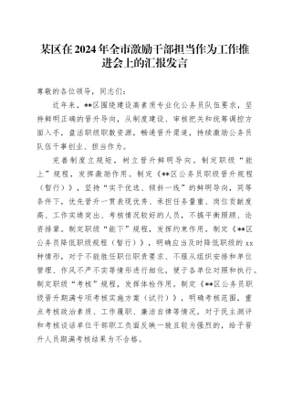 某区在2024年全市激励干部担当作为工作推进会上的汇报发言
