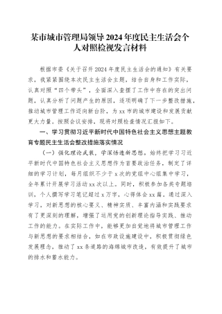 某市城市管理局领导2024年度民主生活会个人对照检视发言材料