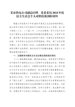 某市供电公司副总经理、党委委员2024年度民主生活会个人对照检视剖析材料