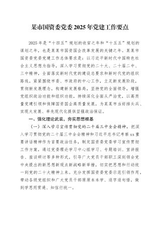 某市国资委党委2025年党建工作要点