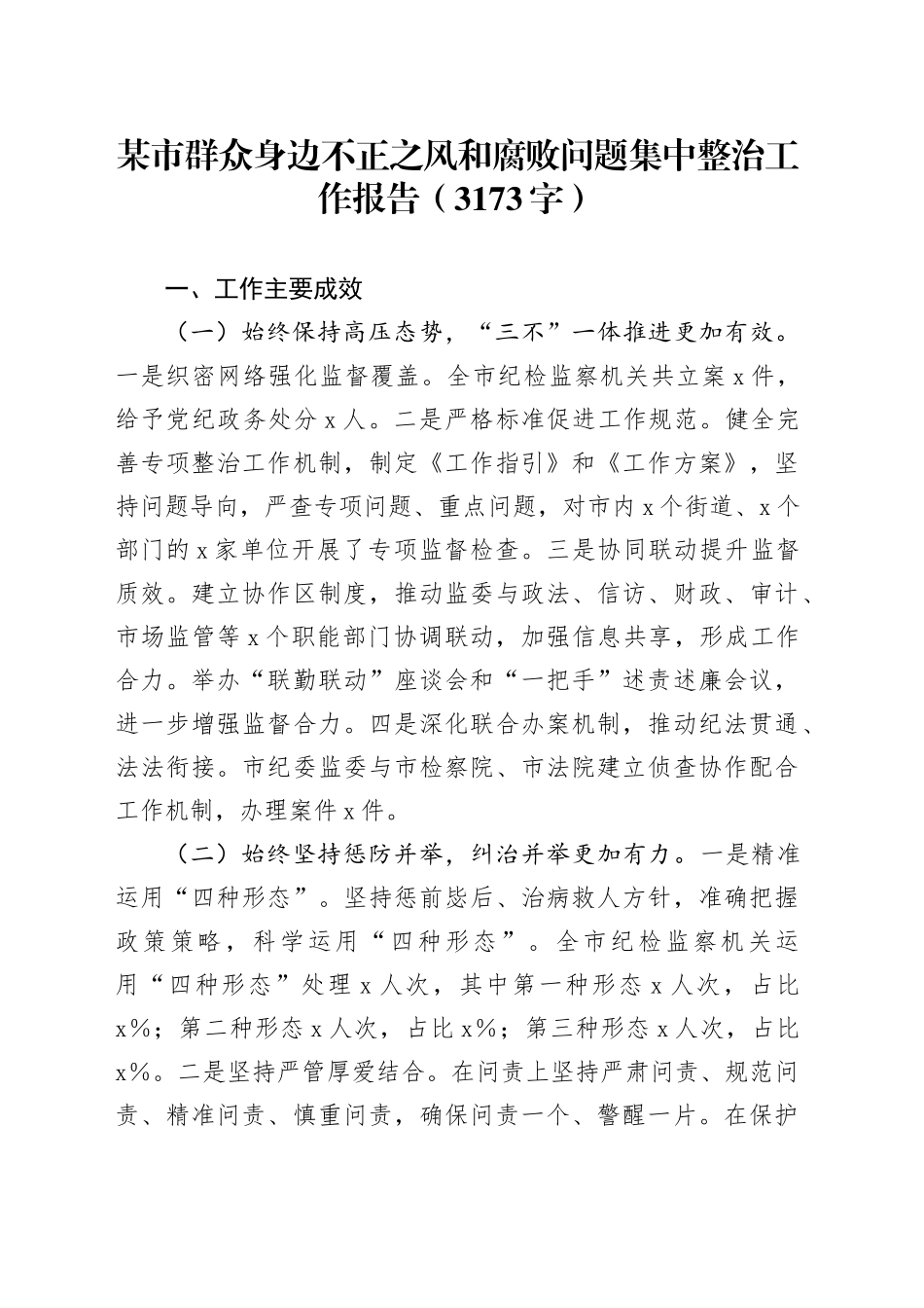 某市群众身边不正之风和腐败问题集中整治工作报告（3173字）_第1页
