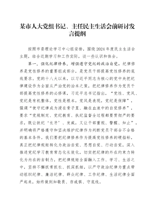 某市人大党组书记、主任民主生活会前研讨发言提纲