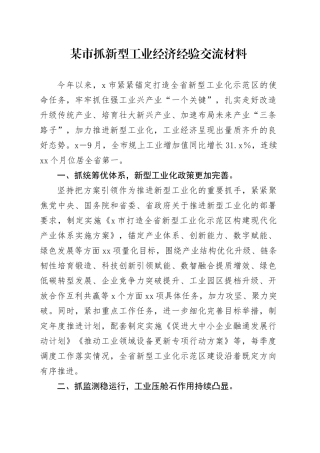 某市抓新型工业经济经验交流材料