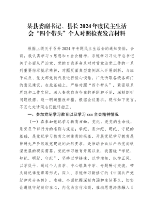某县委副书记、县长2024年度民主生活会四个带头个人对照检查发言材料
