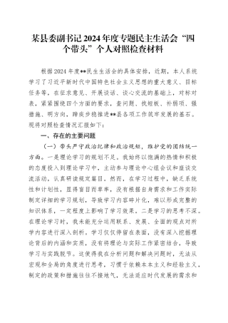 某县委副书记2024年度专题民主生活会“四个带头”个人对照检查材料