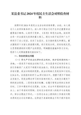 某县委书记2024年度民主生活会对照检查材料