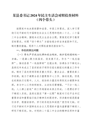 某县委书记2024年民主生活会对照检查材料（四个带头）20250108