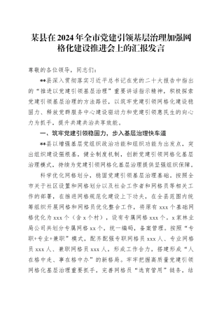 某县在2024年全市党建引领基层治理加强网格化建设推进会上的汇报发言