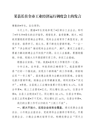 某县长在全市工业经济运行调度会上的发言