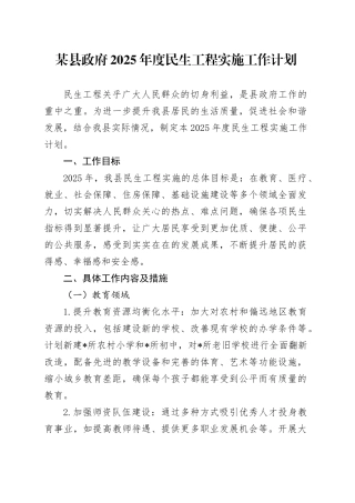 某县政府2025年度民生工程实施工作计划