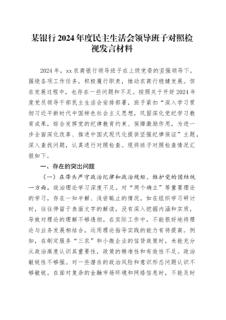某银行2024年度民主生活会领导班子对照检视发言材料
