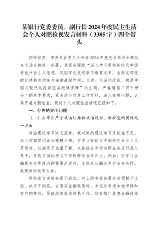 某银行党委委员、副行长2024年度民主生活会个人对照检视发言材料（3385字）四个带头