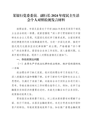 某银行党委委员、副行长2024年度民主生活会个人对照检视发言材料