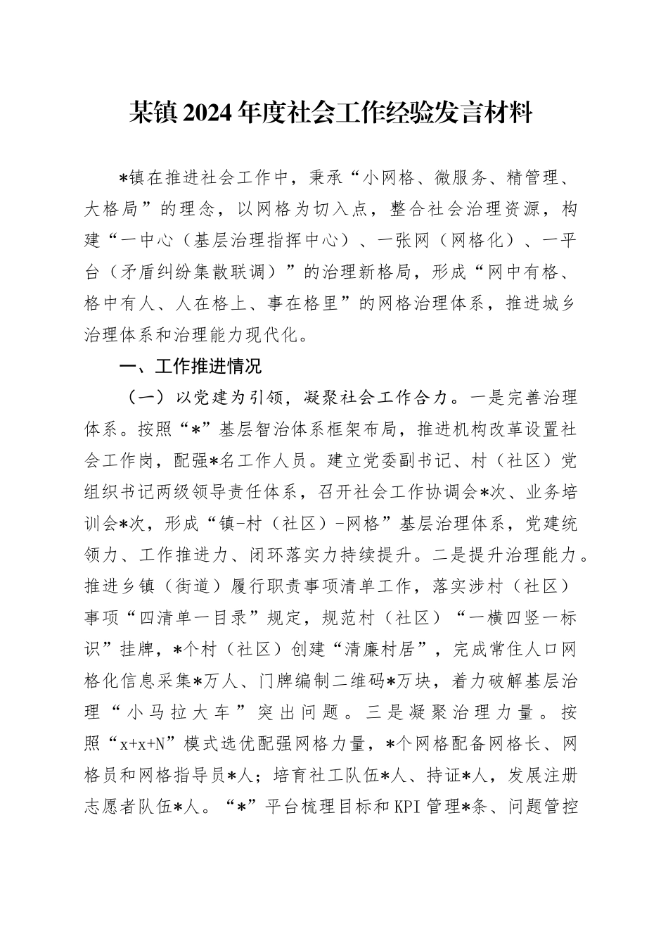 某镇2024年度社会工作经验发言材料_第1页