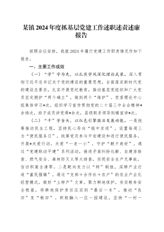 某镇2024年度抓基层党建工作述职述责述廉报告