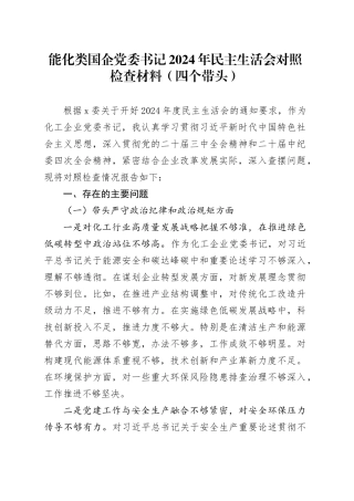 能化类国企党委书记2024年民主生活会对照检查材料（四个带头）
