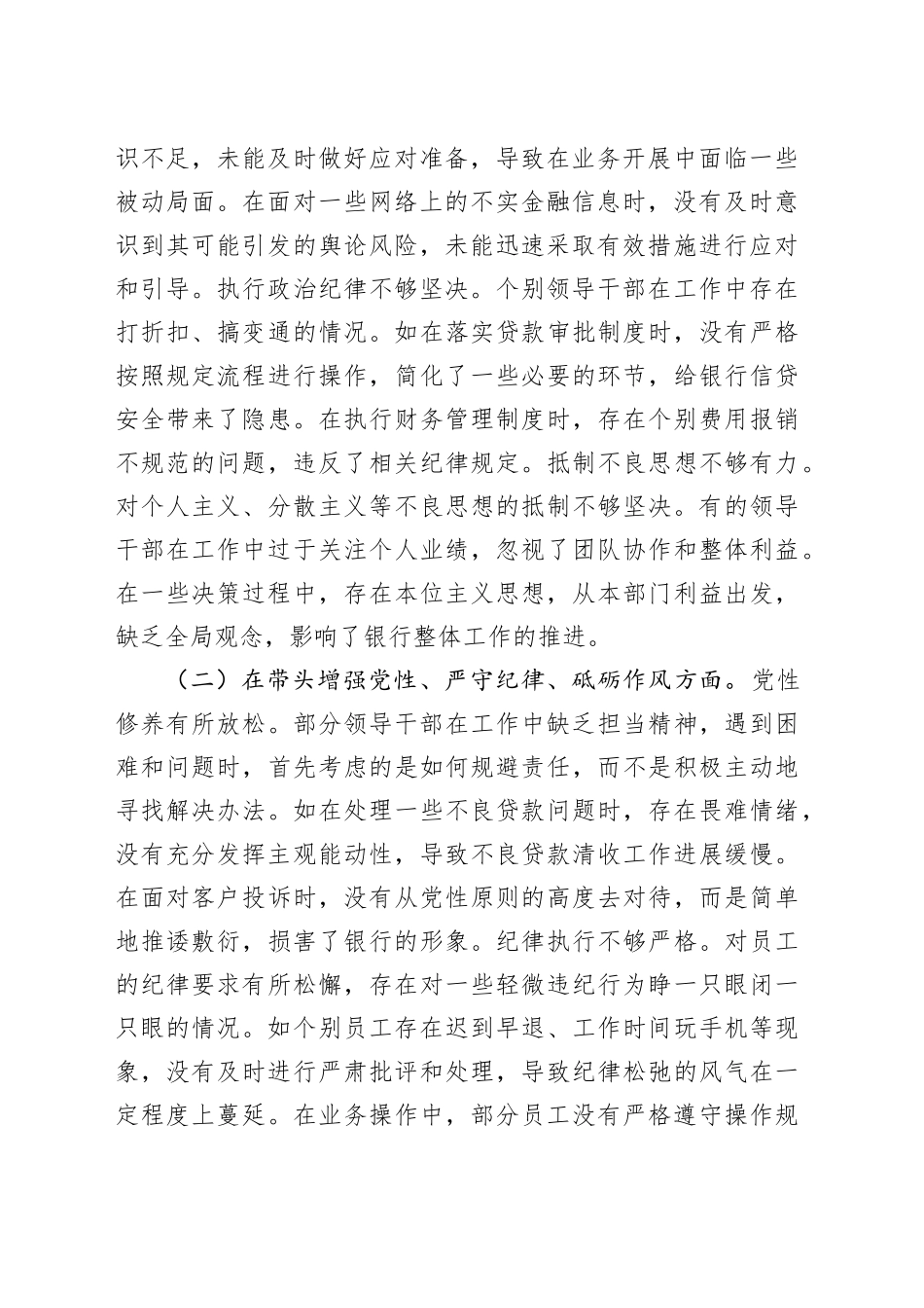 农商银行2024年度民主生活会领导班子对照检视发言材料（四个带头+典型案例剖析）_第2页