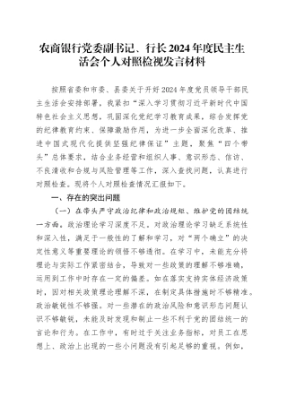 农商银行党委副书记、行长2024年度民主生活会个人对照检视发言材料（四个带头+典型案例剖析）