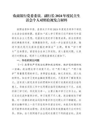 农商银行党委委员、副行长2024年度民主生活会个人对照检视发言材料（四个带头+典型案例剖析）