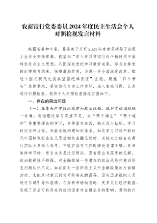 农商银行党委委员2024年度民主生活会个人对照检视发言材料（四个带头+典型案例剖析）