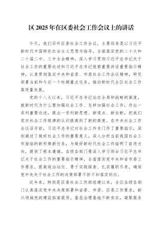 区2025年在区委社会工作会议上的讲话