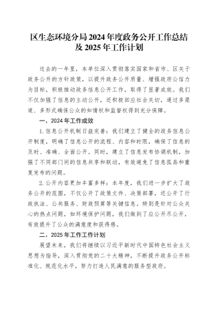 区生态环境分局2024年度政务公开工作总结及2025年工作计划