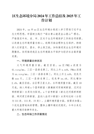 区生态环境分局2024年工作总结及2025年工作计划