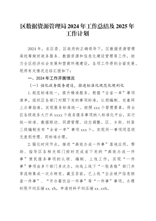 区数据资源管理局2024年工作总结及2025年工作计划
