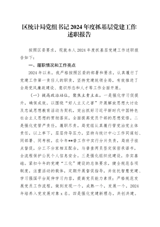 区统计局党组书记2024年度抓基层党建工作述职报告