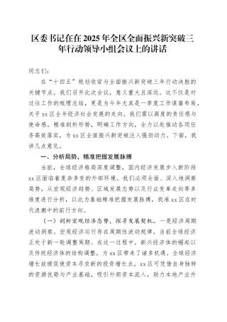 区委书记在在2025年全区全面振兴新突破三年行动领导小组会议上的讲话