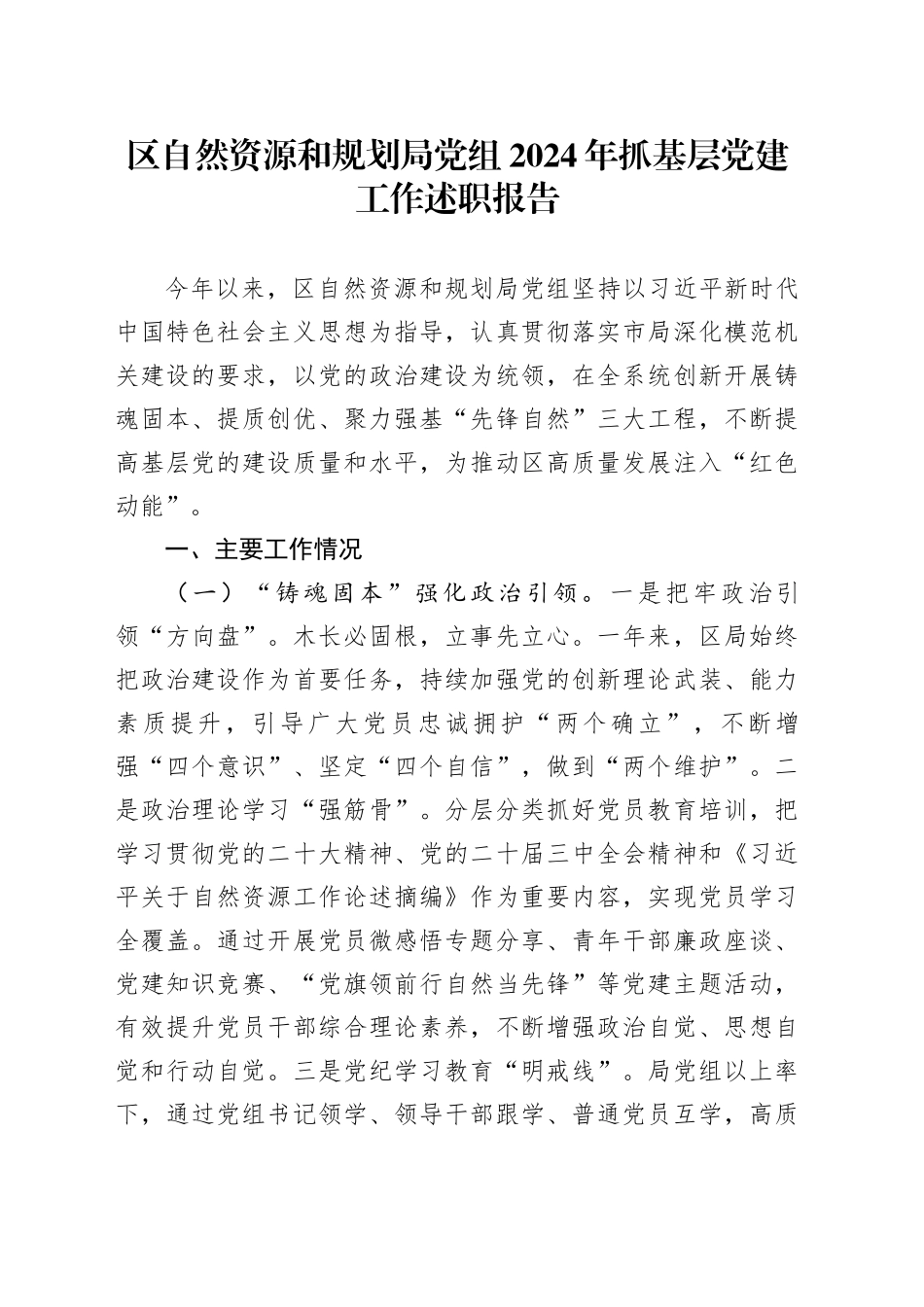 区自然资源和规划局党组2024年抓基层党建工作述职报告_第1页