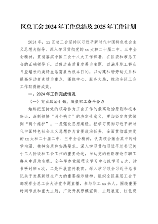 区总工会2024年工作总结及2025年工作计划