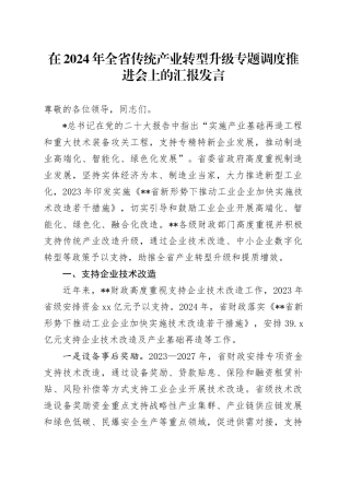 全省传统产业转型升级专题调度推进会上的汇报发言