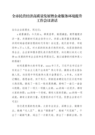 全市民营经济高质量发展暨企业服务环境提升工作会议讲话20241122