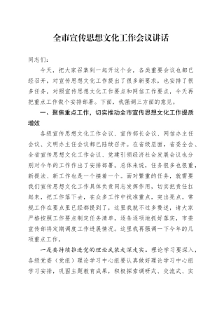 全市宣传思想文化工作会议讲话20241113