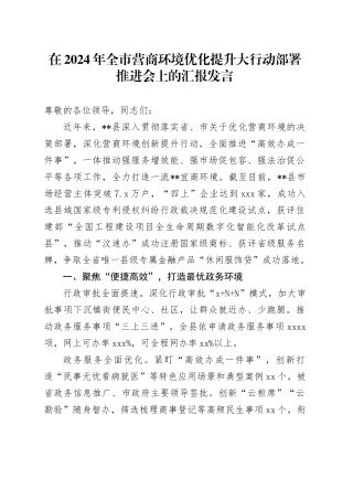 全市营商环境优化提升大行动部署推进会上的汇报发言